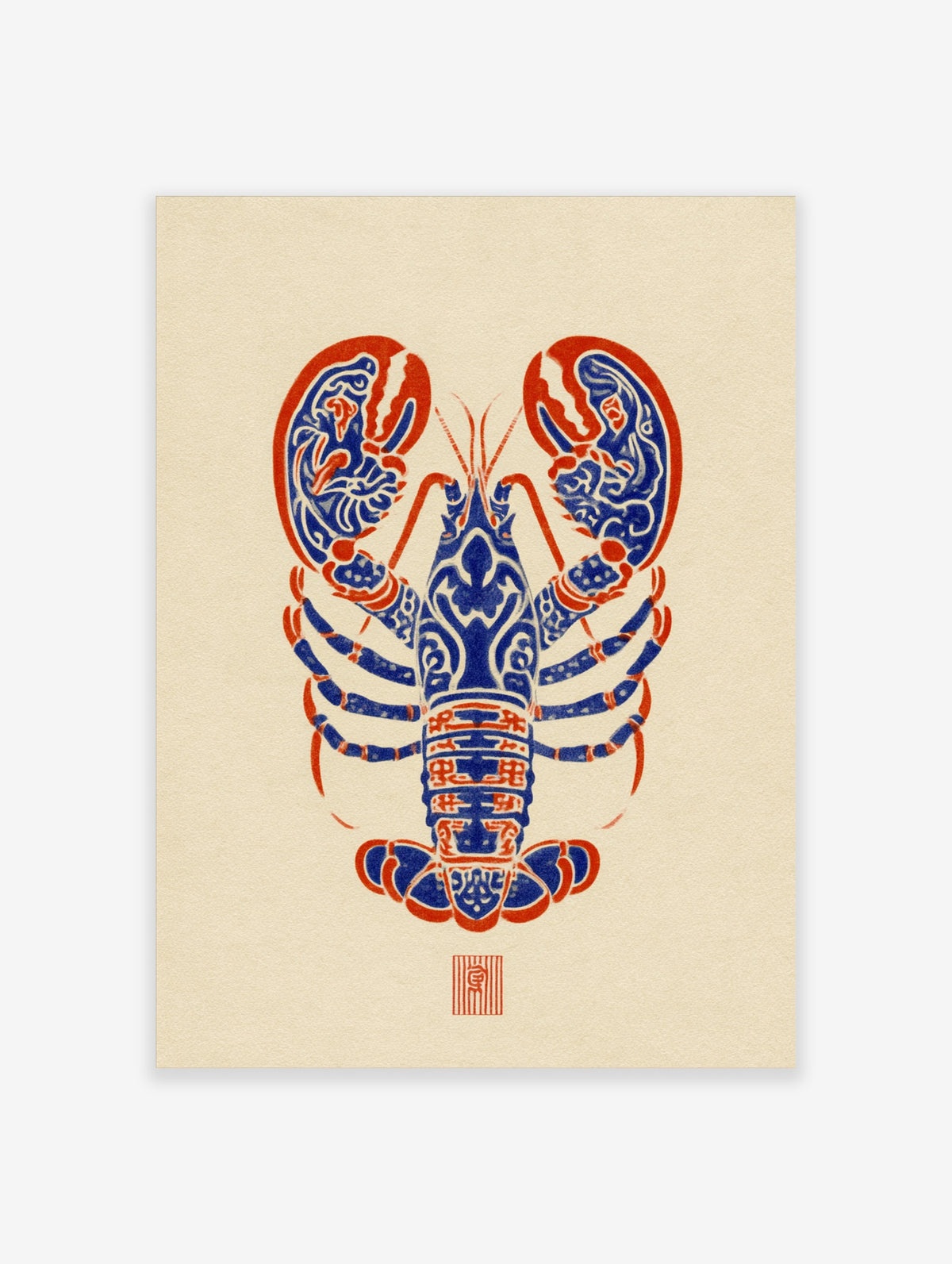 Blue lobster art print with red ornamental patterns on cream background