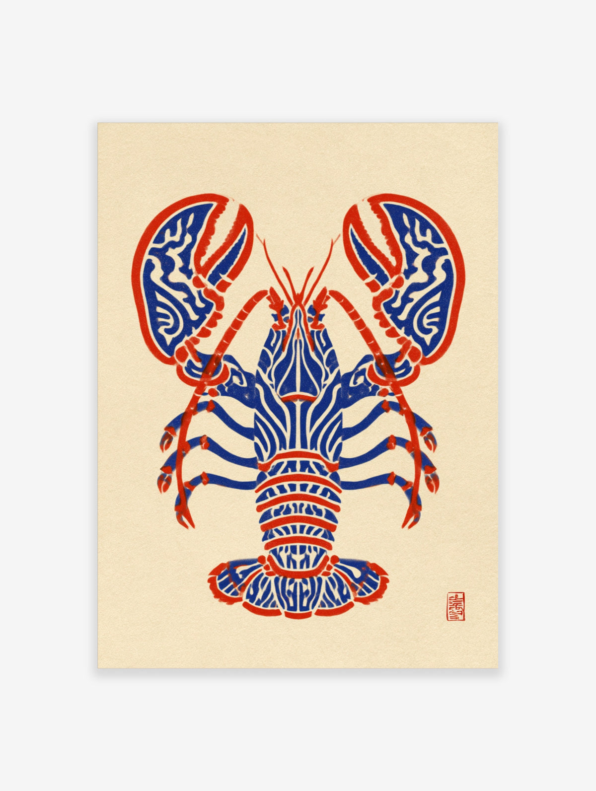 Blue lobster art print with red claws and white line patterns on cream background