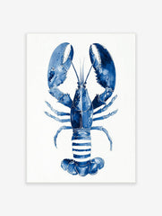Blue lobster watercolour illustration art print on a white background, showing claws and segmented tail