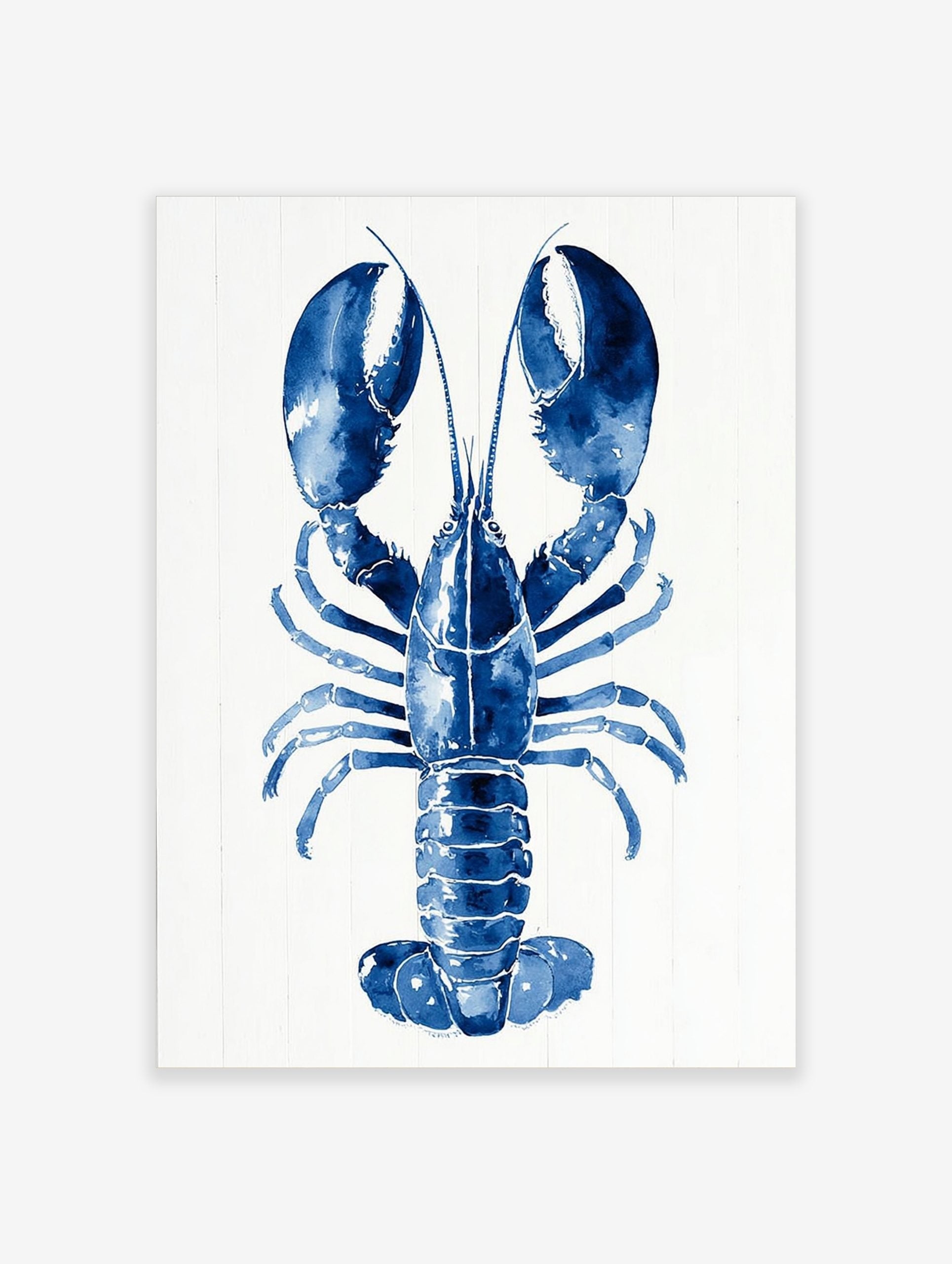 Blue lobster watercolour illustration art print with large claws on a white plank background