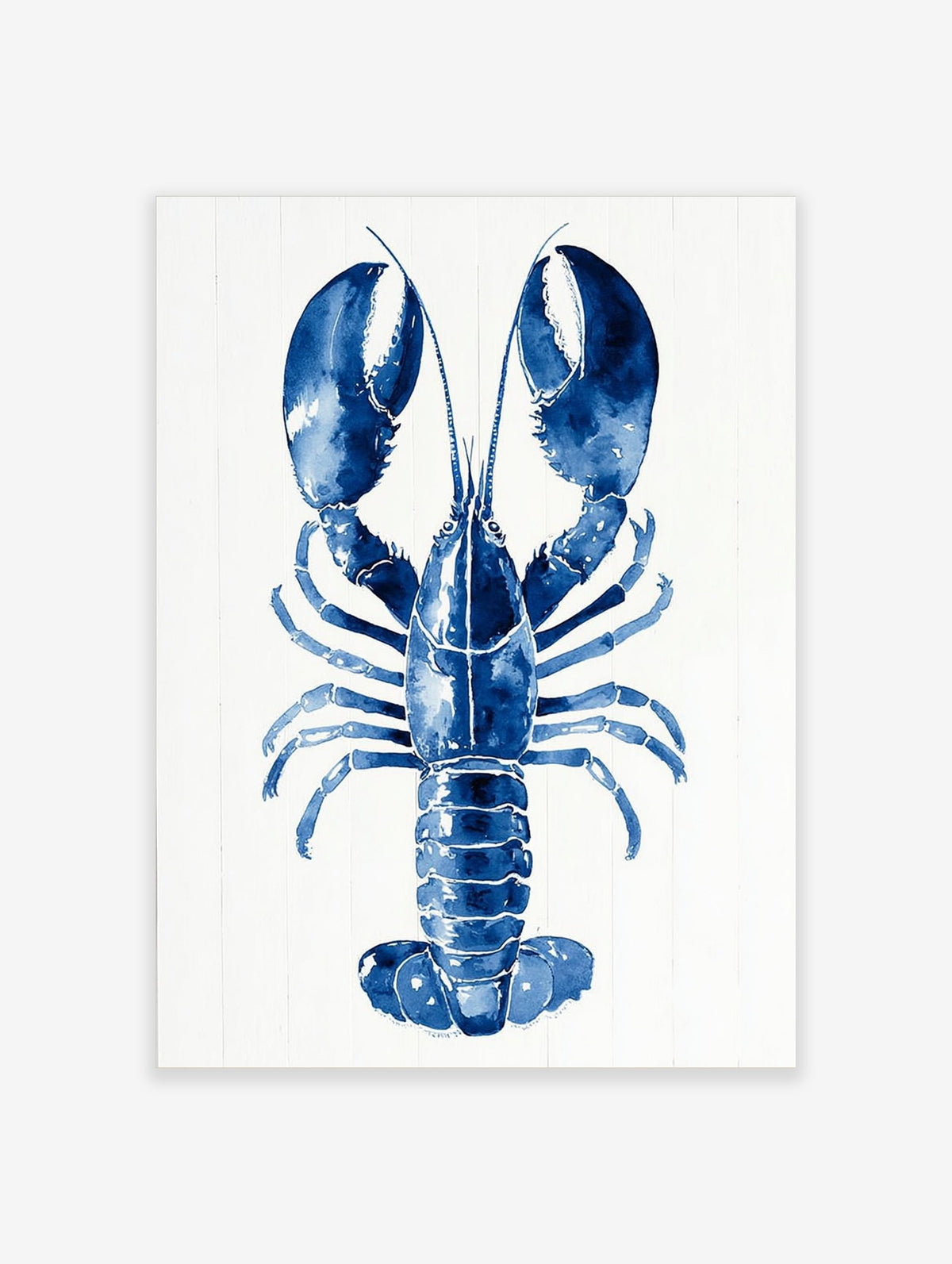 Blue lobster watercolour illustration art print with large claws on a white plank background