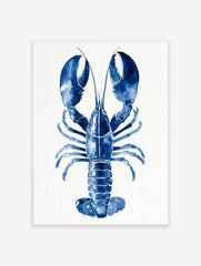 Blue lobster watercolour illustration art print with large claws on a white plank background