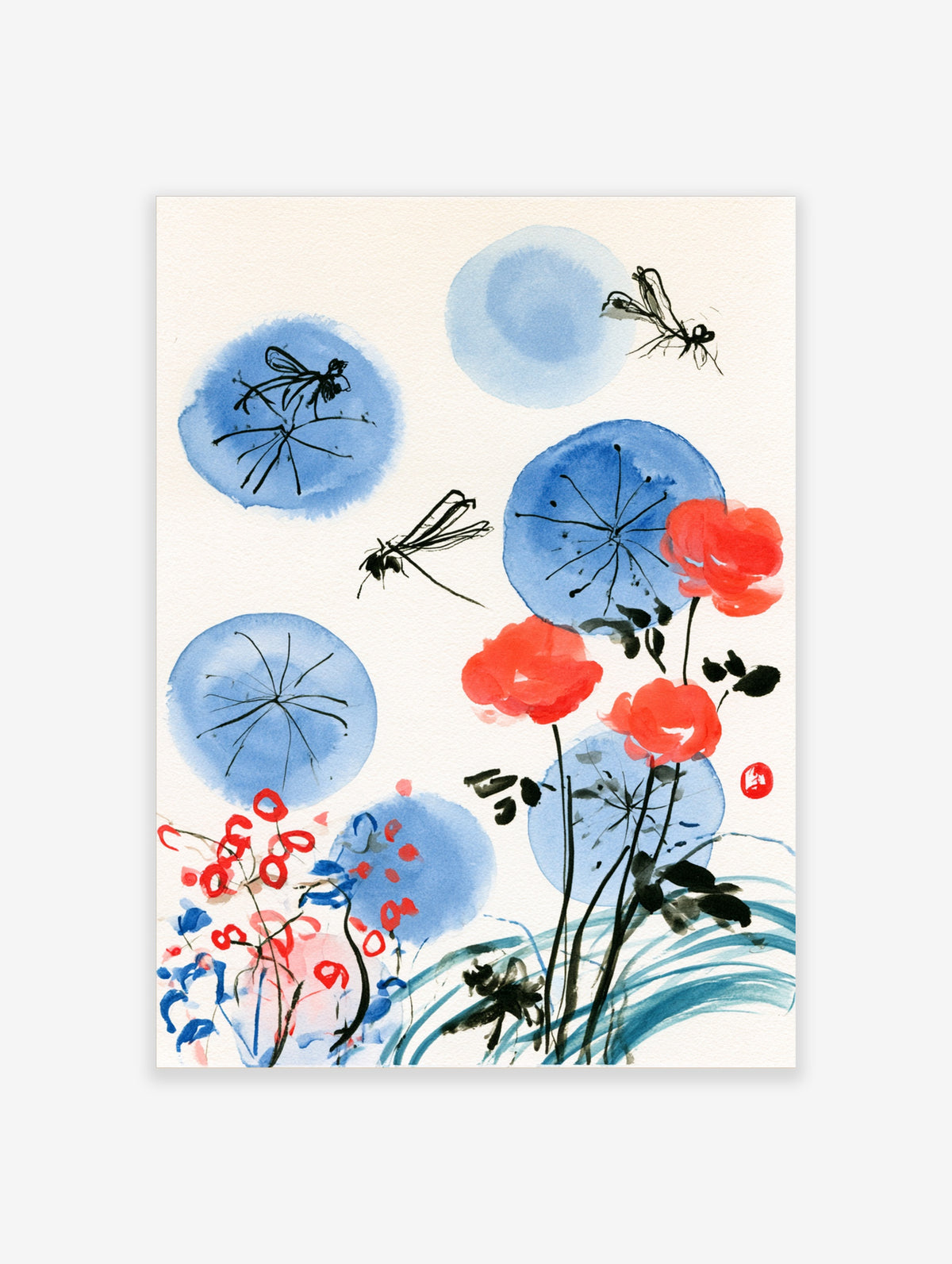 Blue lotus leaves, black dragonflies, and red flowers in Japanese ink style on white background