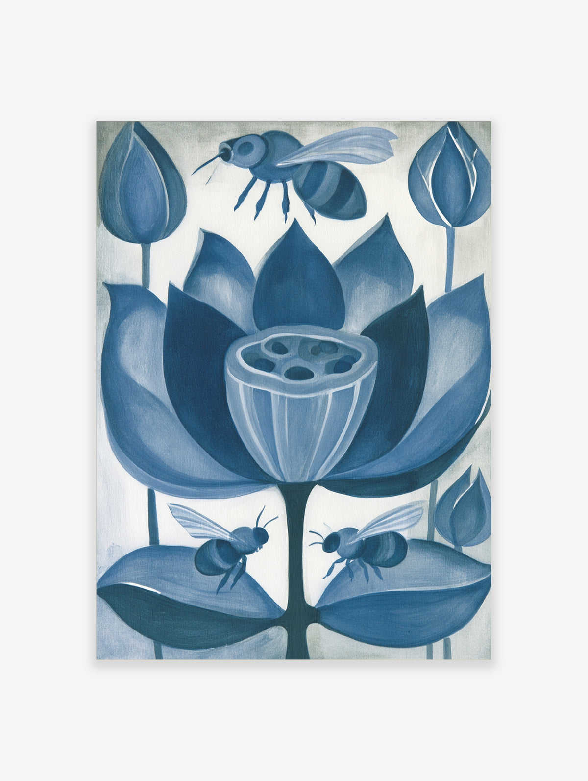 Blue lotus flower poster with three stylised bees and a central seed pod on a pale background