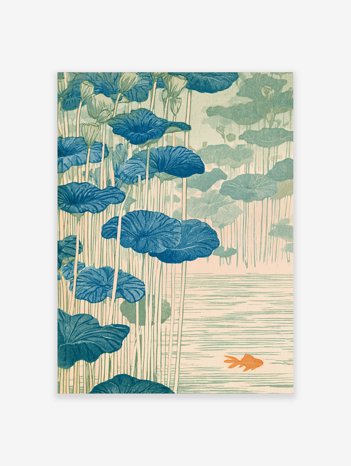 Blue lotus pond poster with tall stems, layered leaves, and an orange goldfish in rippling water