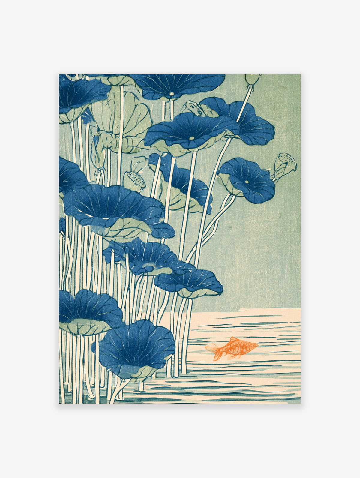 Blue lotus leaves and stems with orange koi fish in Japanese woodblock style poster