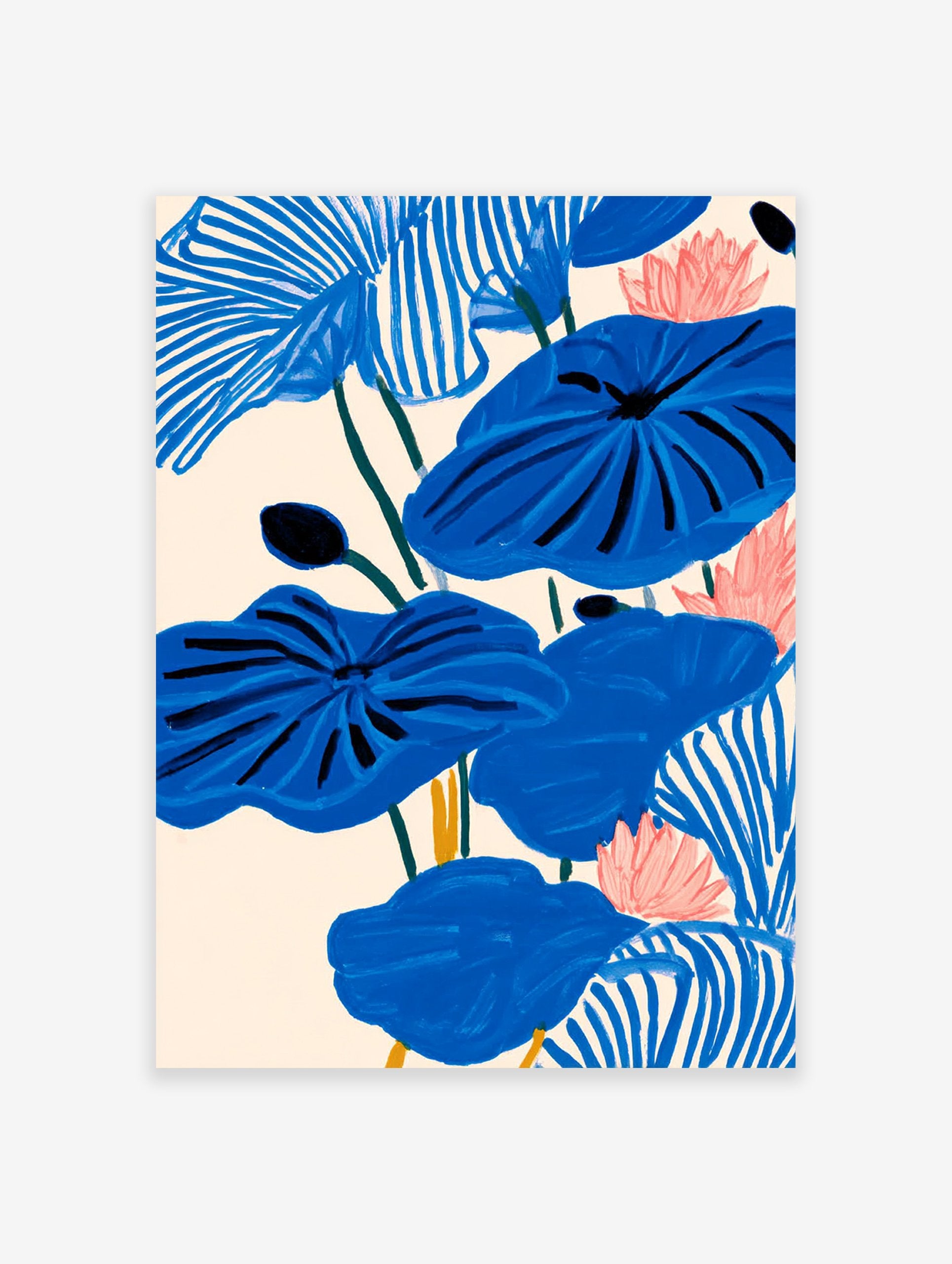 Modern blue lotus botanical illustration art print with pink flowers and green stems on a light cream background.