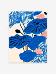 Modern blue lotus botanical illustration art print with pink flowers and green stems on a light cream background.