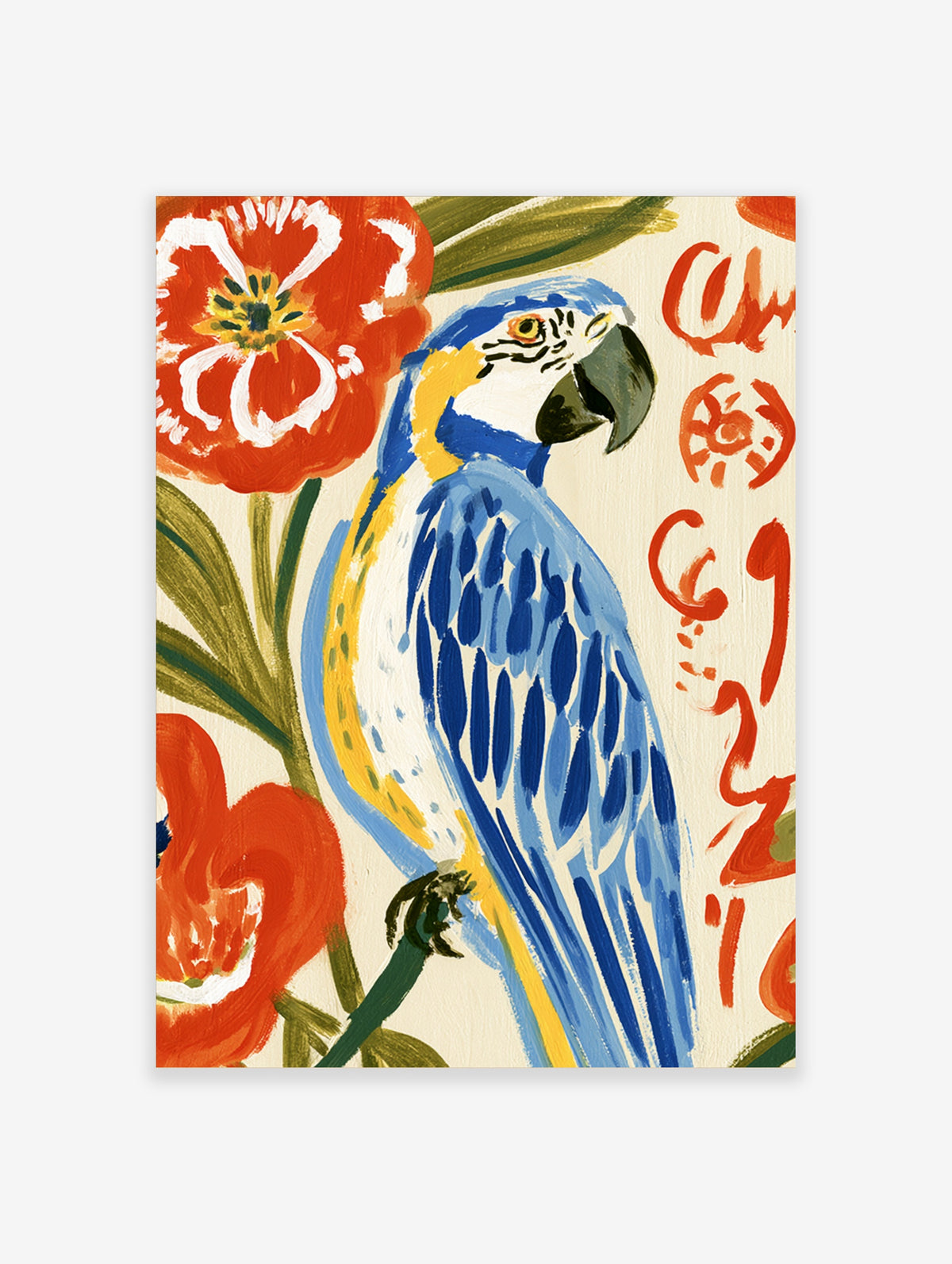 Blue macaw parrot with red flowers and orange brush lettering on cream background art print