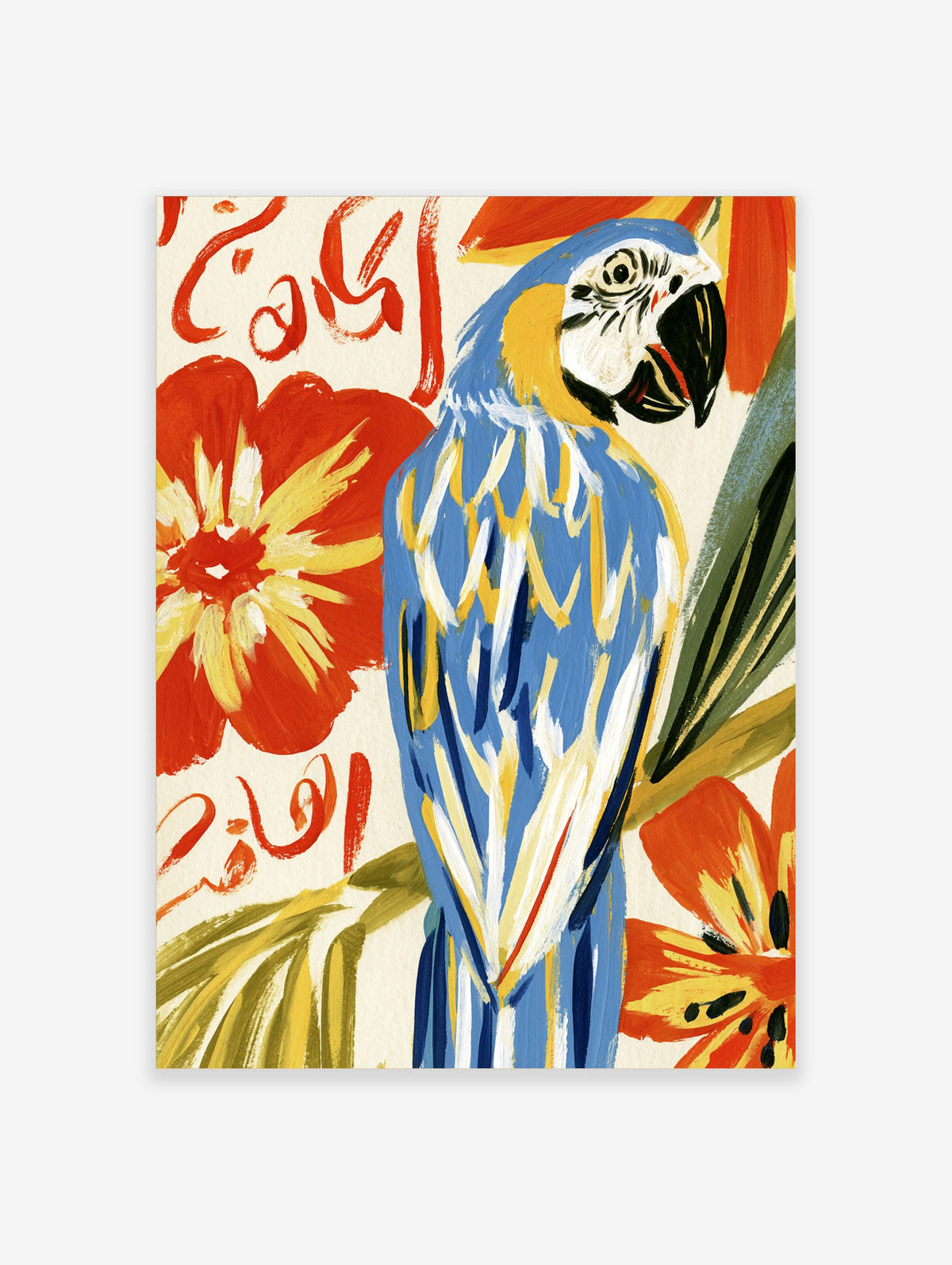 Blue macaw parrot art print with yellow and white feathers, red flowers and red script on cream background