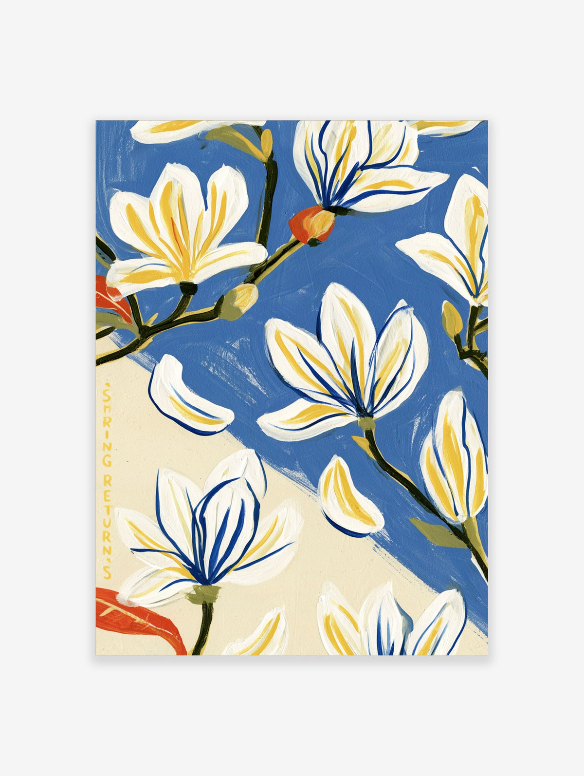 Blue magnolia flower art print with white petals, yellow centres, and navy linework on blue and cream background