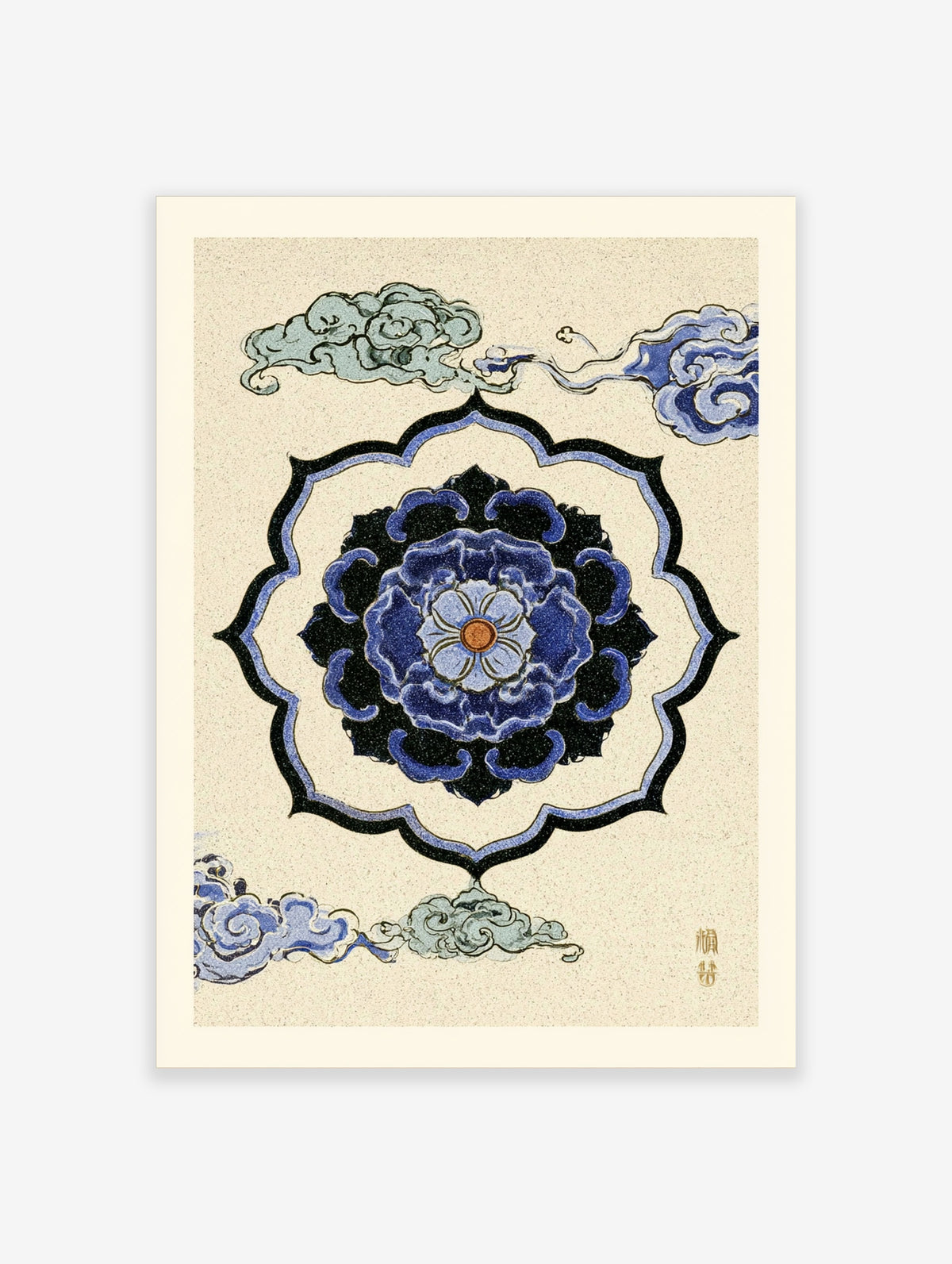 Blue mandala art print with lotus flower, scalloped border, and clouds on beige