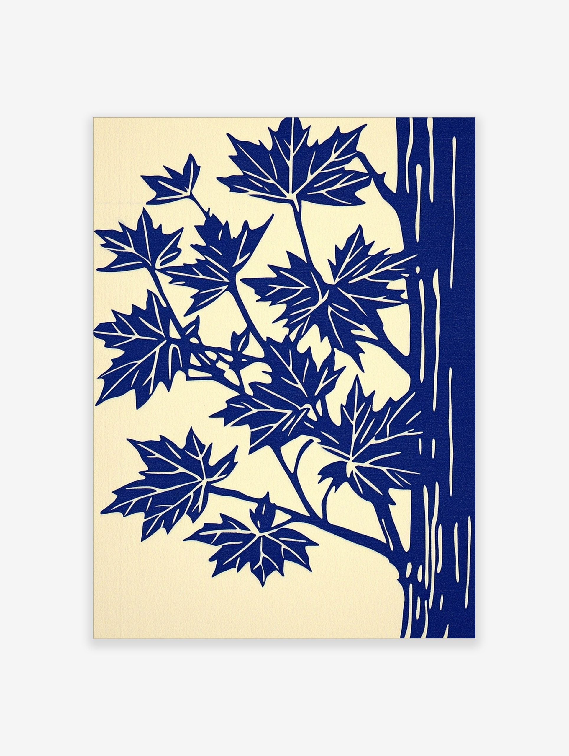 Illustrative blue maple leaves and tree trunk art print on a cream background, portrait orientation