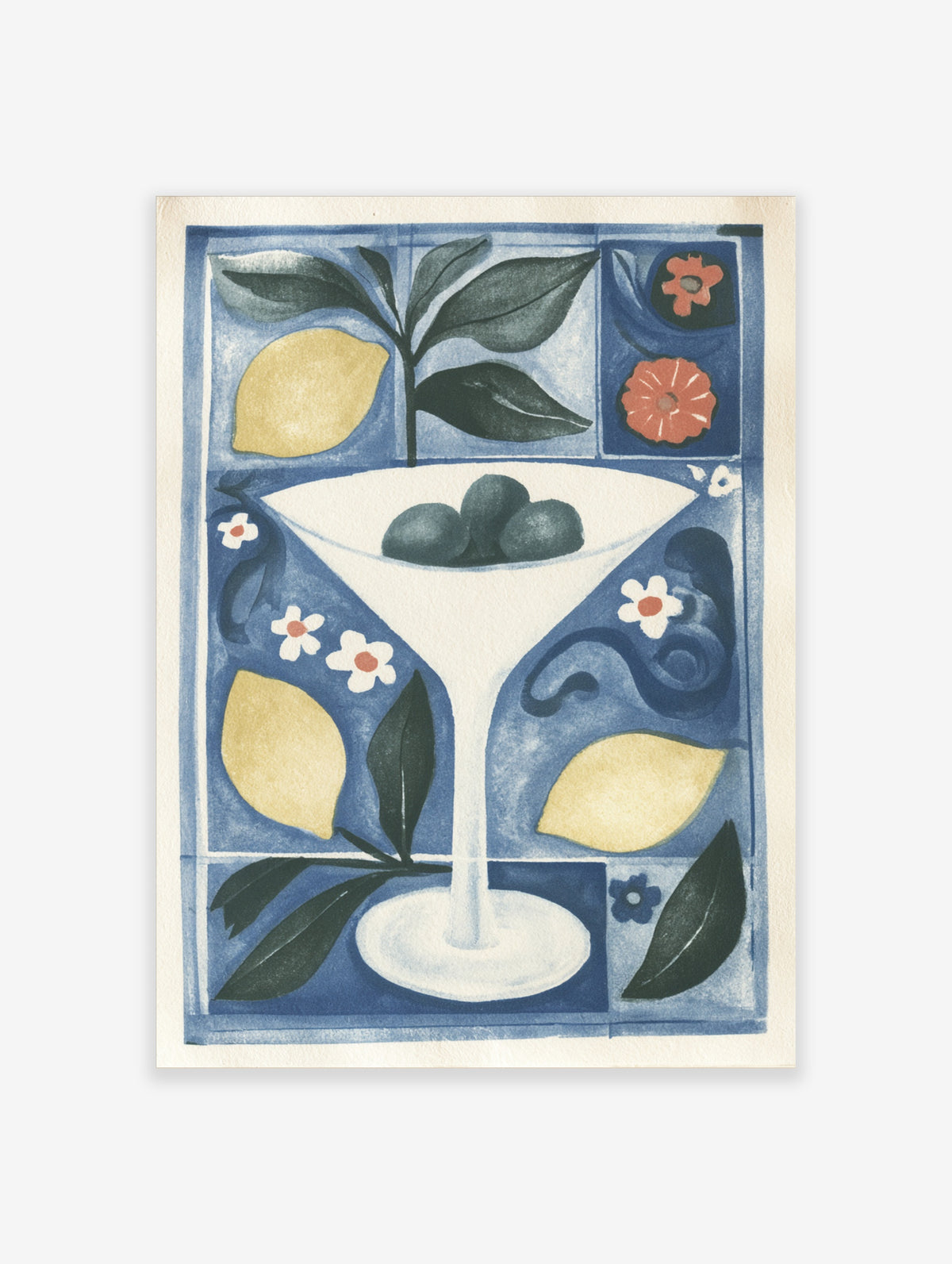 Blue martini glass with green olives, lemons and flowers retro cocktail art print