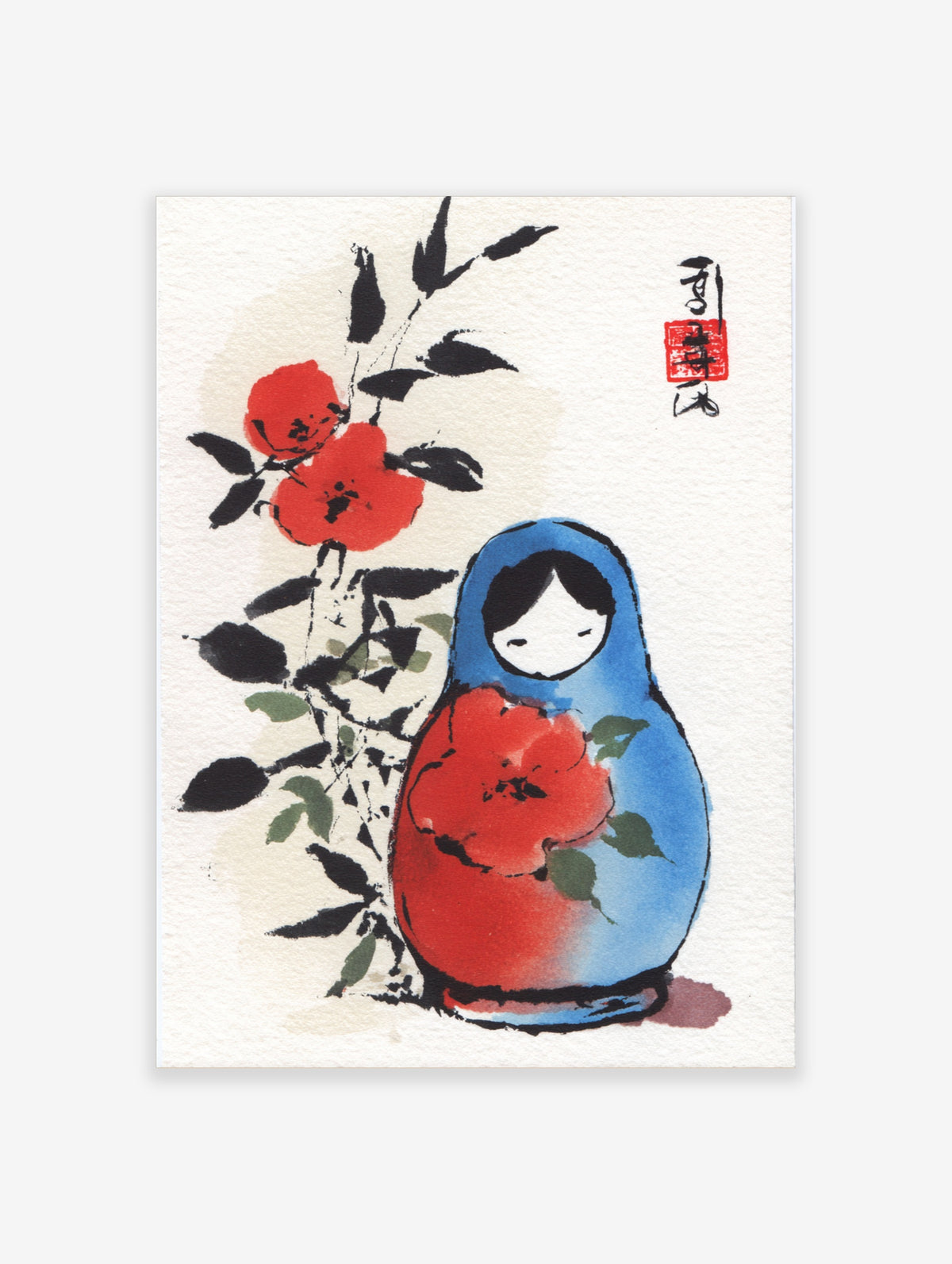 Blue matryoshka doll holding red camellia flower with black ink branches on off-white background