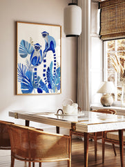 Blue monkey poster featuring two monkeys with white faces and striped tails among large blue tropical leaves and golden accents. - Image 2