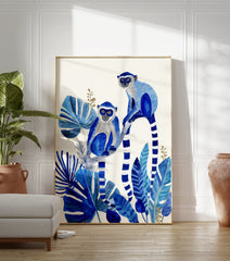 Blue monkey poster featuring two monkeys with white faces and striped tails among large blue tropical leaves and golden accents. - Image 3