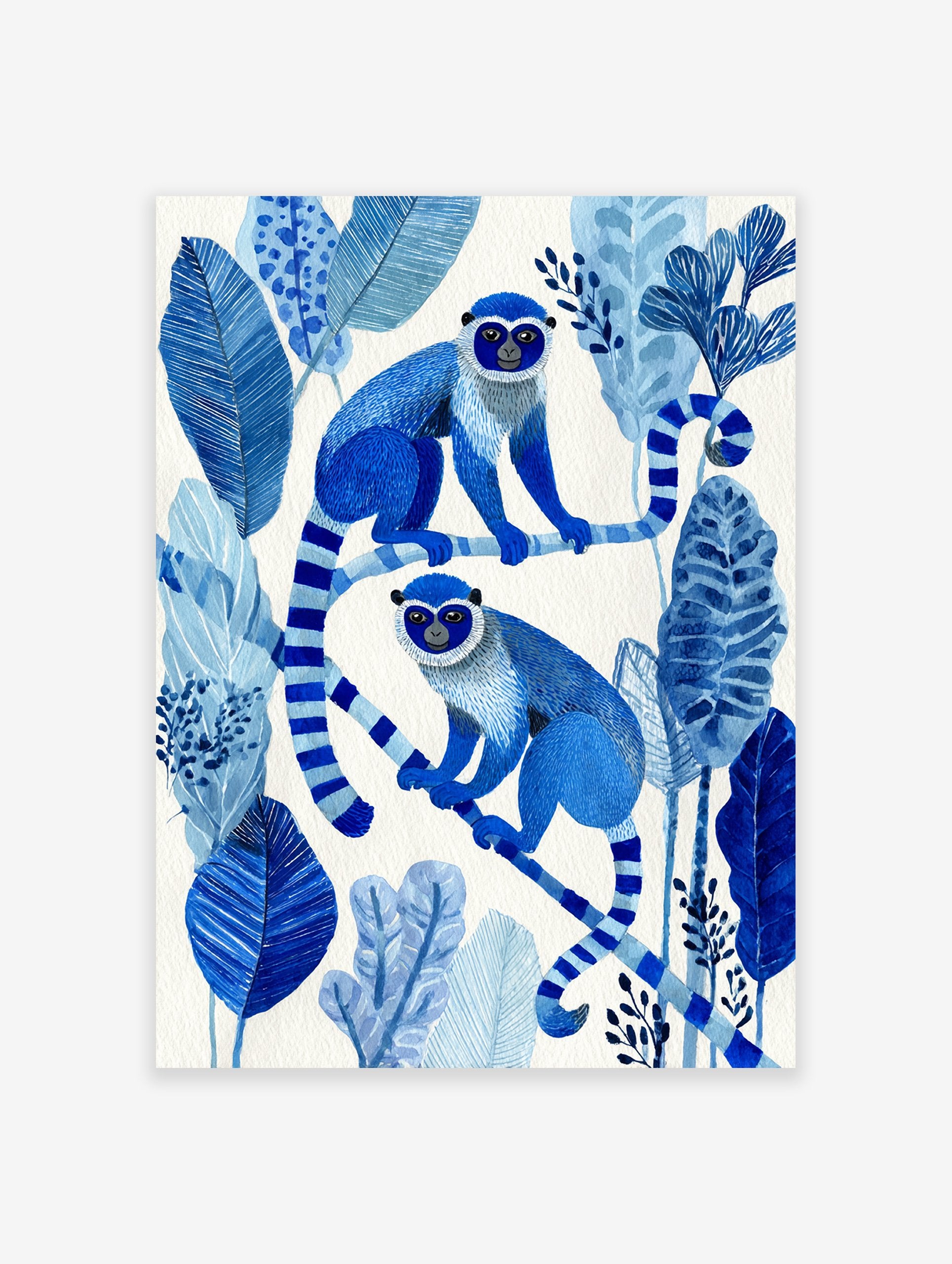 Blue monkey poster illustration featuring two blue monkeys sitting on branches surrounded by blue tropical leaves.