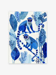 Blue monkey poster illustration featuring two blue monkeys sitting on branches surrounded by blue tropical leaves.