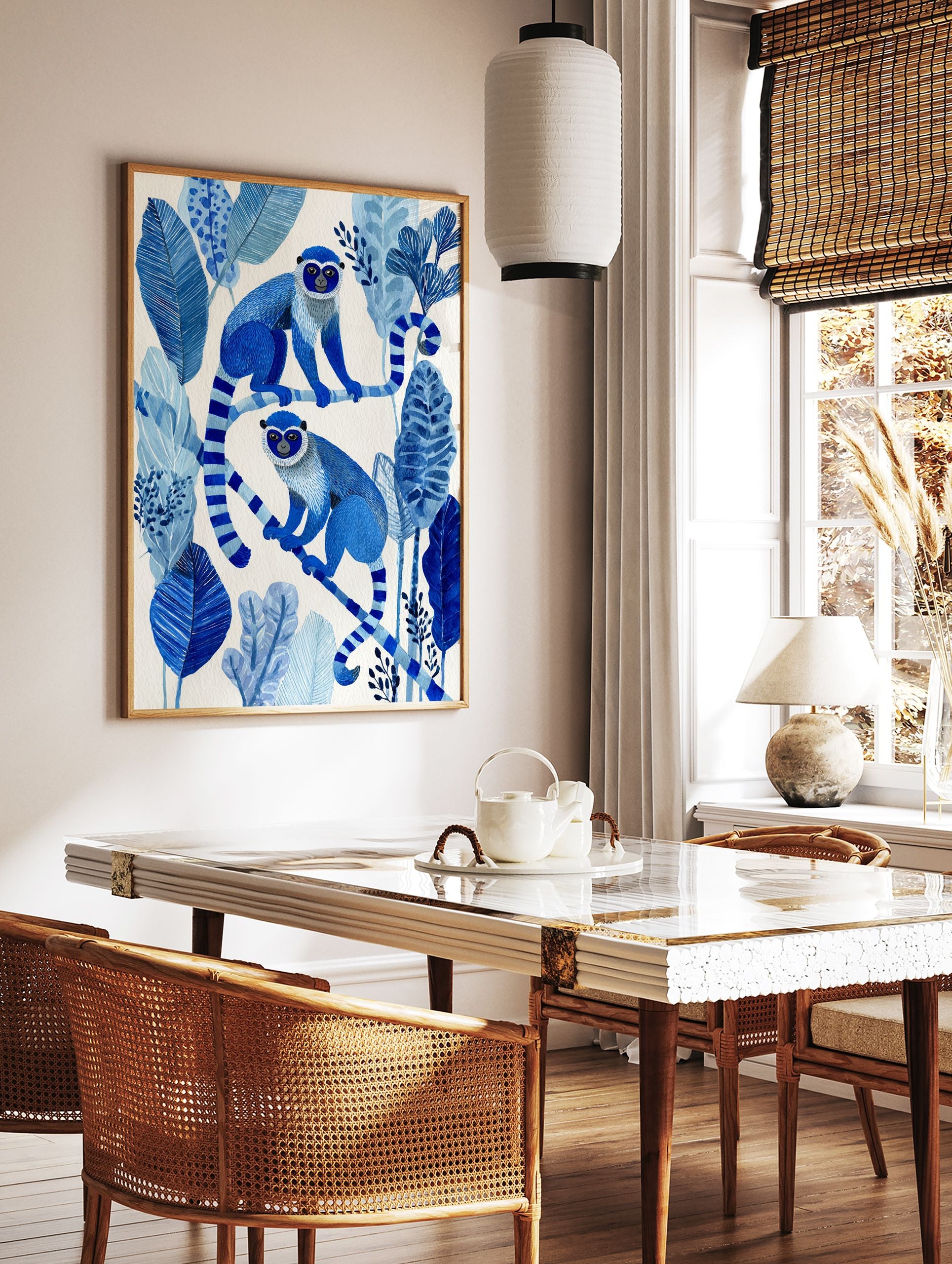 Blue monkey poster illustration featuring two blue monkeys sitting on branches surrounded by blue tropical leaves. - Image 2