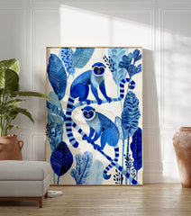 Blue monkey poster illustration featuring two blue monkeys sitting on branches surrounded by blue tropical leaves. - Image 3