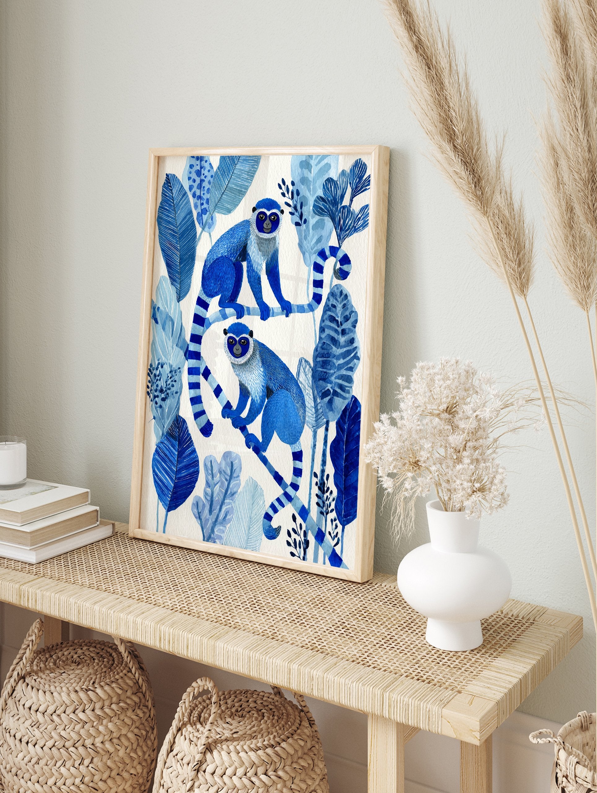 Blue monkey poster illustration featuring two blue monkeys sitting on branches surrounded by blue tropical leaves. - Image 4