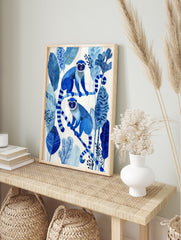 Blue monkey poster illustration featuring two blue monkeys sitting on branches surrounded by blue tropical leaves. - Image 4