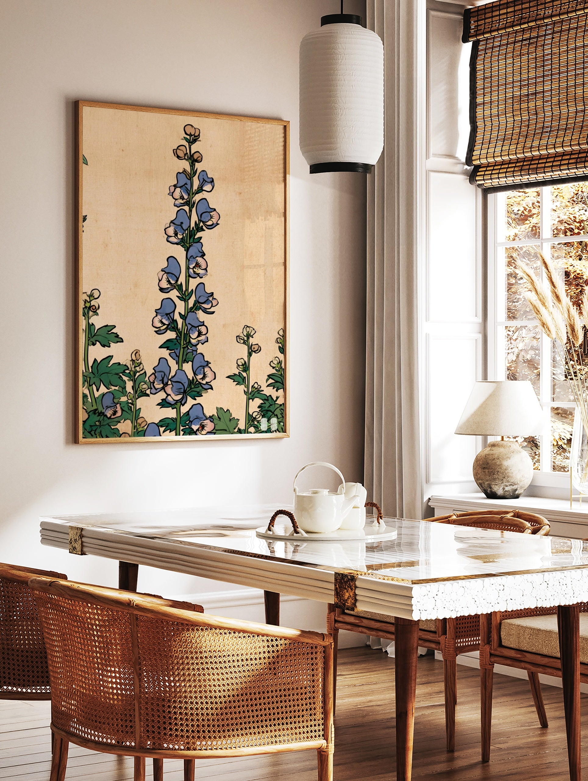 Vintage botanical illustration of blue monkshood flowers with green leaves on a tan background, in a styled room mockup