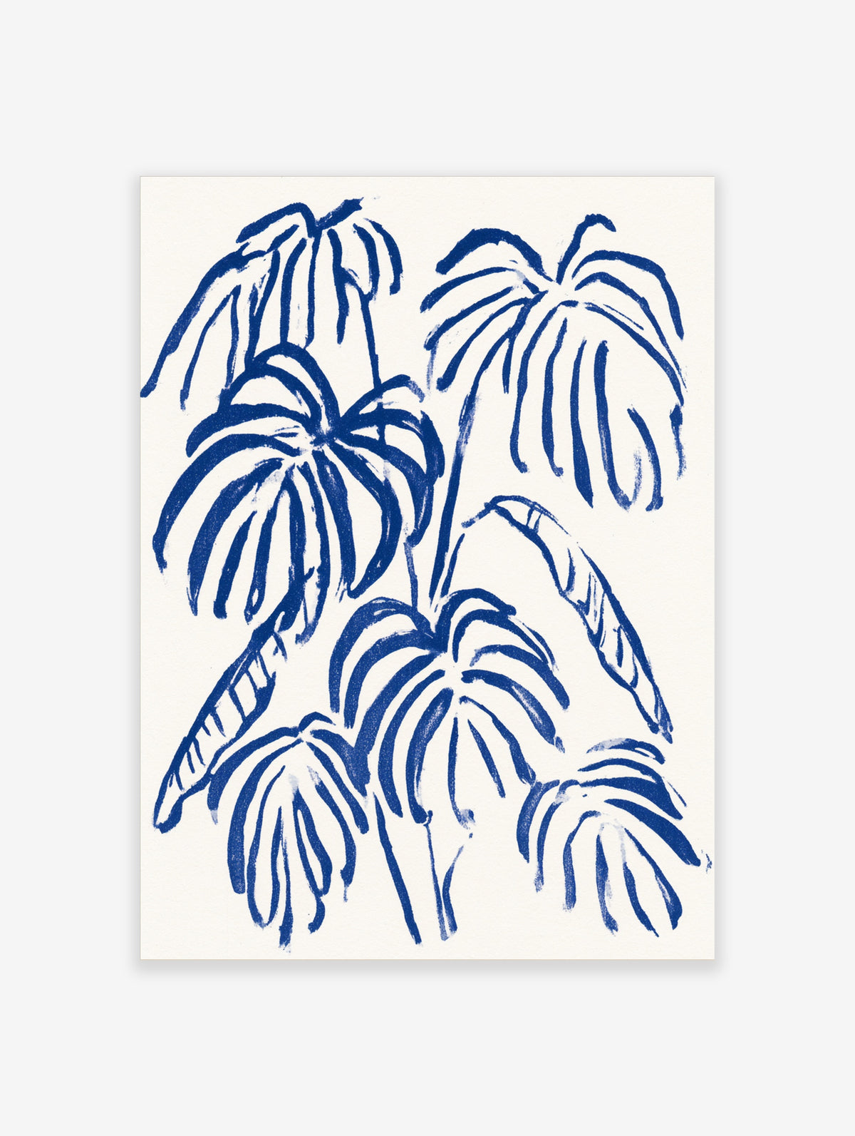 Blue monstera leaf botanical poster print with navy brushstroke foliage on white background