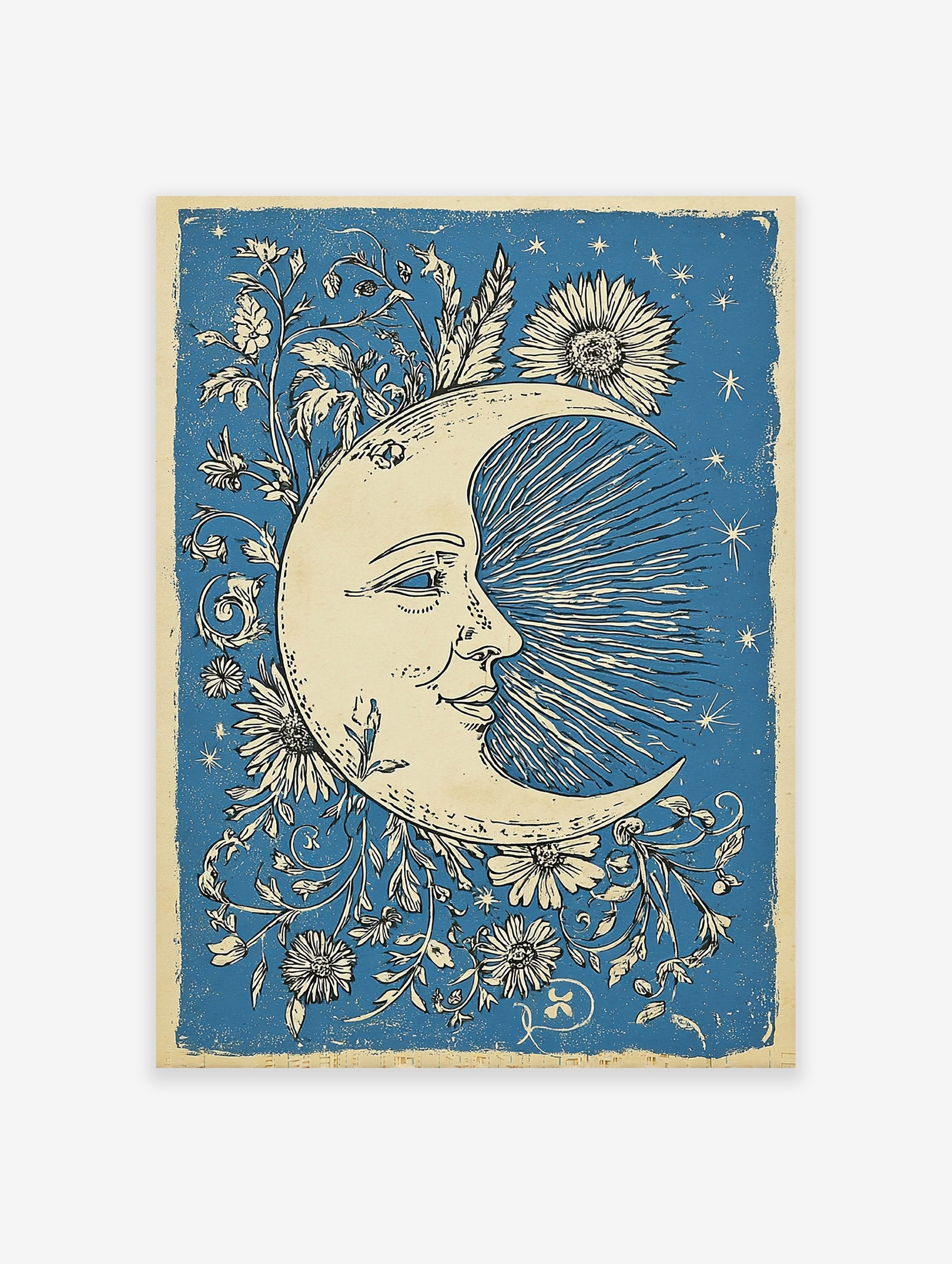 Blue Moon & Flowers Poster featuring a smiling crescent moon with a face, surrounded by floral vines and stars.
