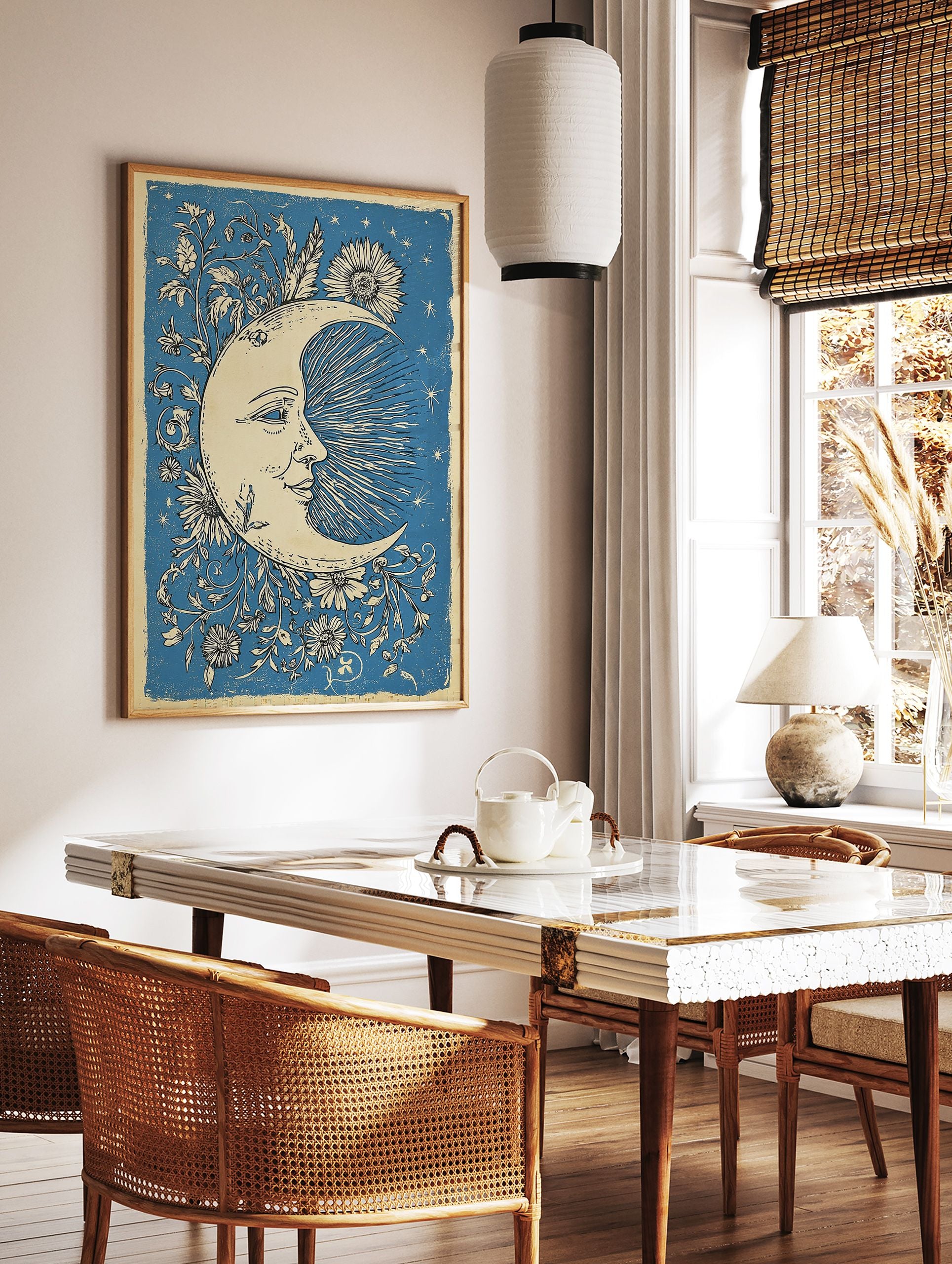 Blue Moon & Flowers Poster featuring a smiling crescent moon with a face, surrounded by floral vines and stars. - Image 2