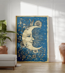 Blue Moon & Flowers Poster featuring a smiling crescent moon with a face, surrounded by floral vines and stars. - Image 3