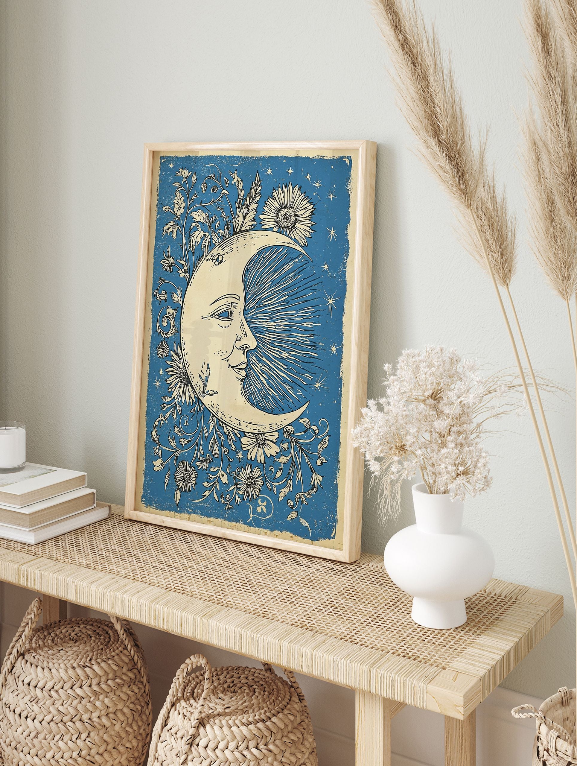 Blue Moon & Flowers Poster featuring a smiling crescent moon with a face, surrounded by floral vines and stars. - Image 4