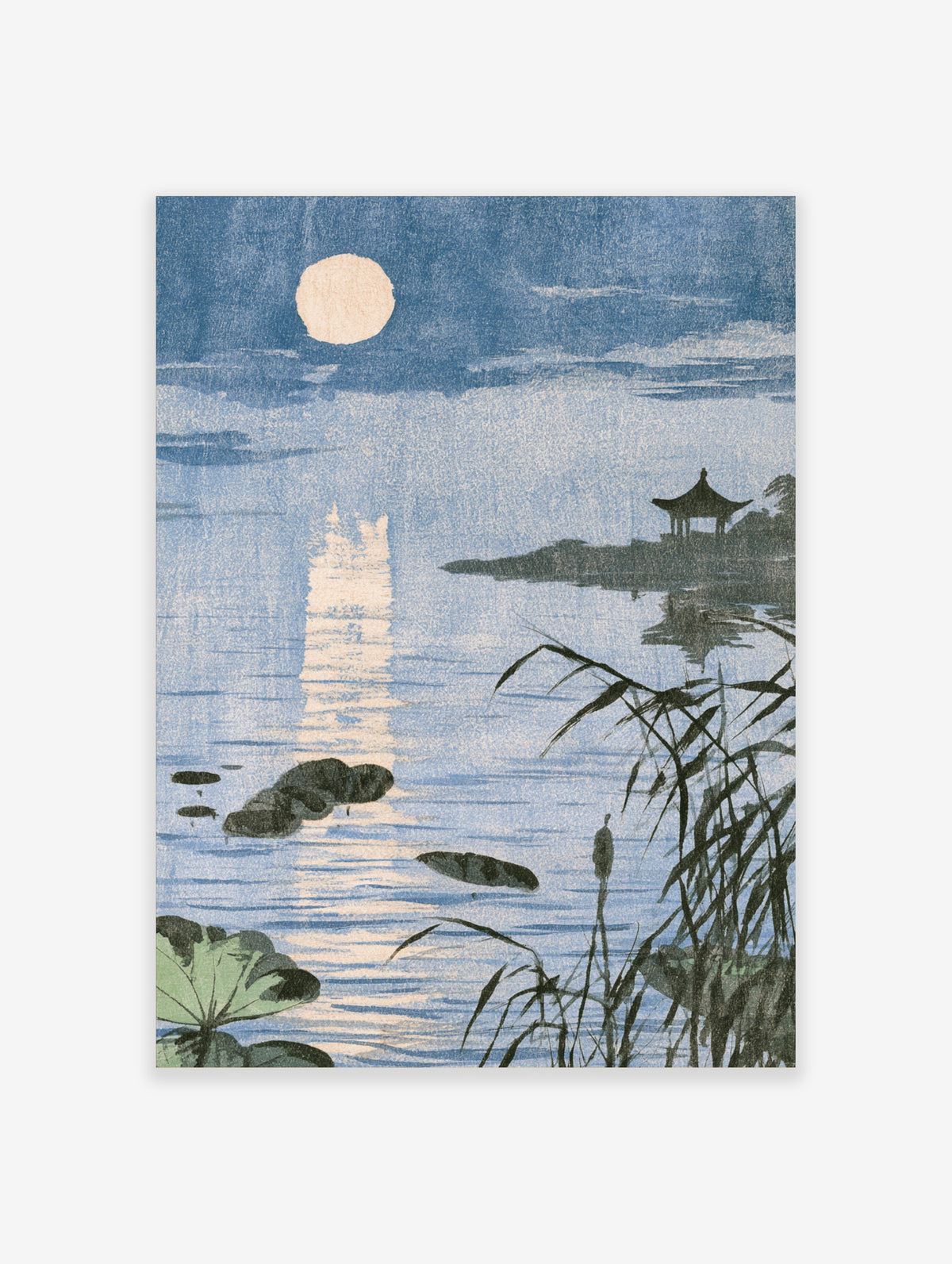 Blue moon lake poster with full moon, calm water, dark reeds, lotus leaves, and a distant pavilion