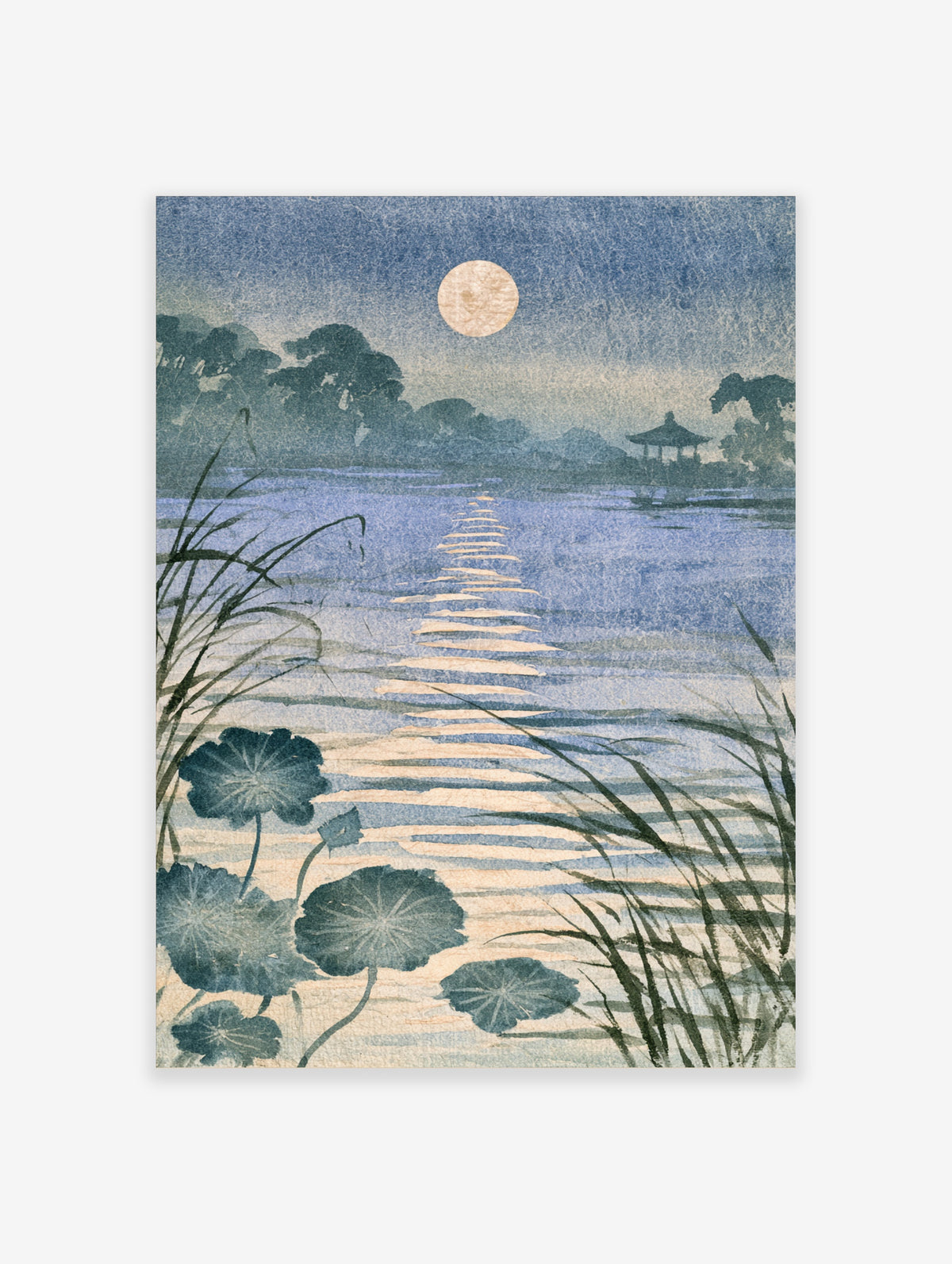Blue moon lake poster with lotus leaves, reeds, and a distant pavilion in a Japanese-style night scene