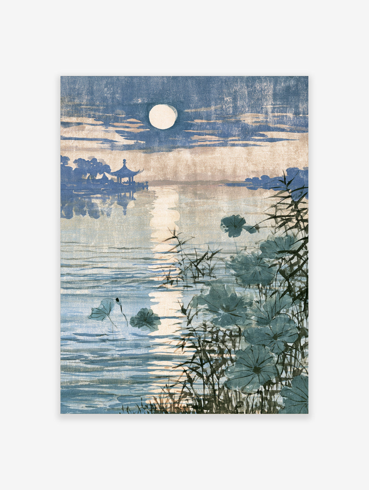 Blue moon lake poster with lotus leaves, bamboo, and a distant pavilion at night