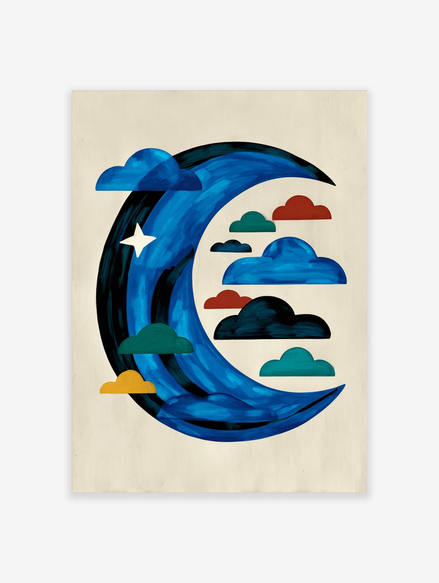 Blue crescent moon with white star and multicoloured clouds on beige background, illustrated art print