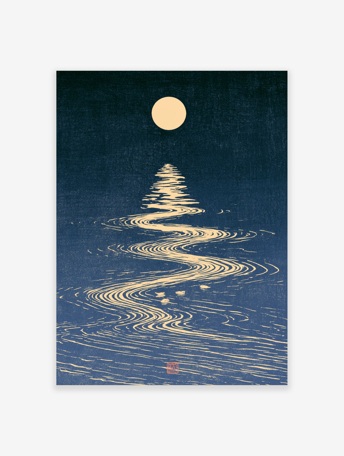 Blue moon water poster with golden ripples and red seal on navy background