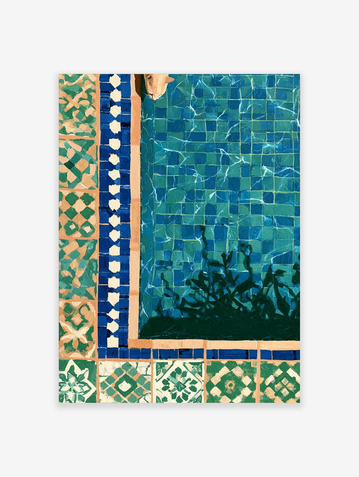 Blue mosaic tile art print of a cat peering over a tiled pool edge with green geometric borders