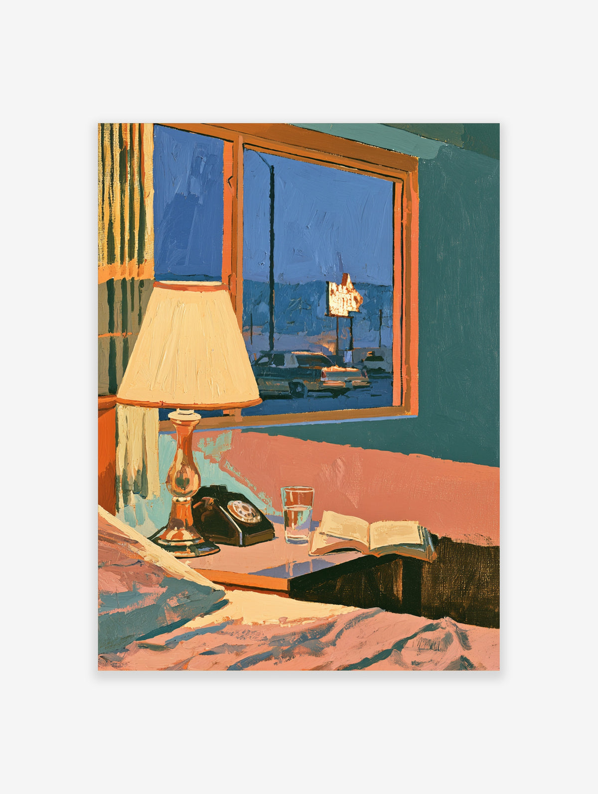 Painterly motel room poster with lit lamp, rotary phone, open book, and car outside a blue dusk window