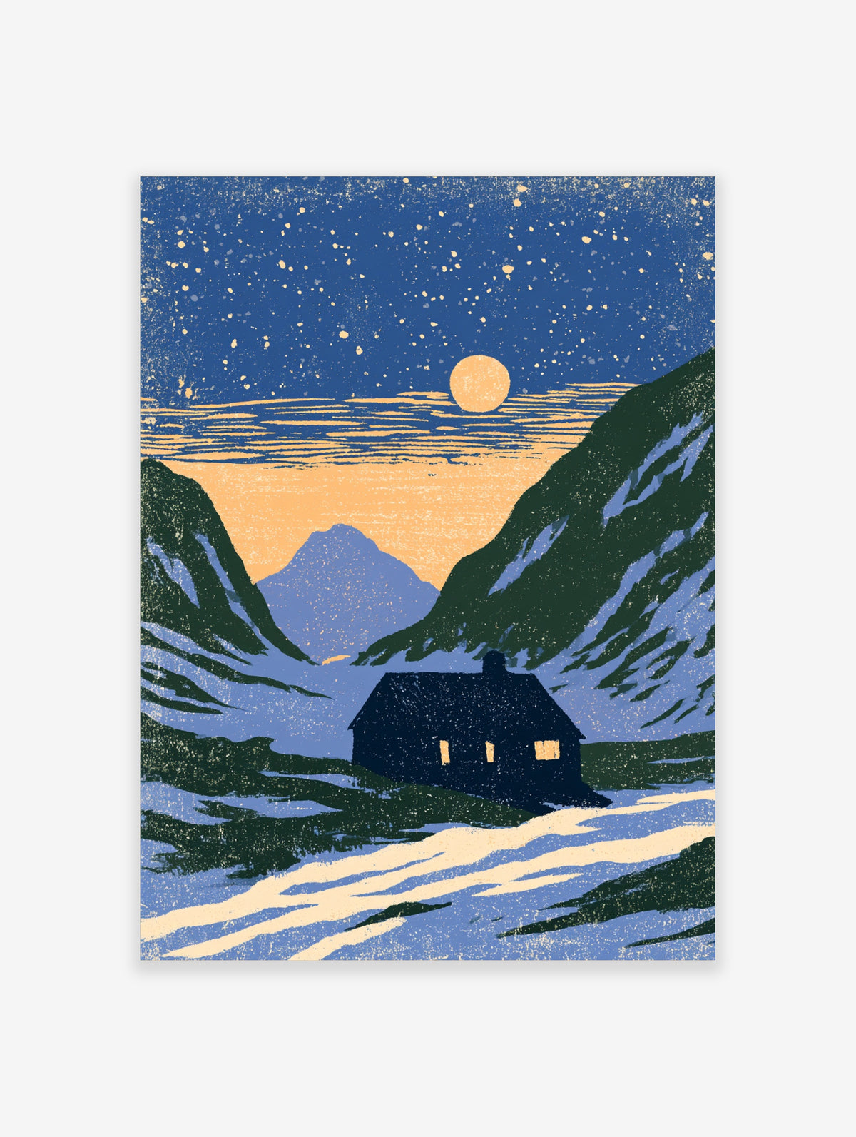 Blue mountain cabin poster with starry night sky, golden moon, and snow-covered slopes