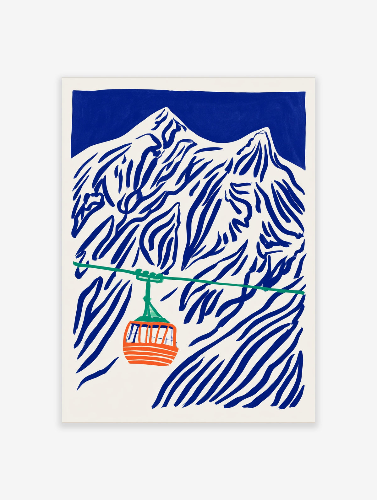 Blue mountain cable car poster with navy linework, orange gondola, and green cable on white background
