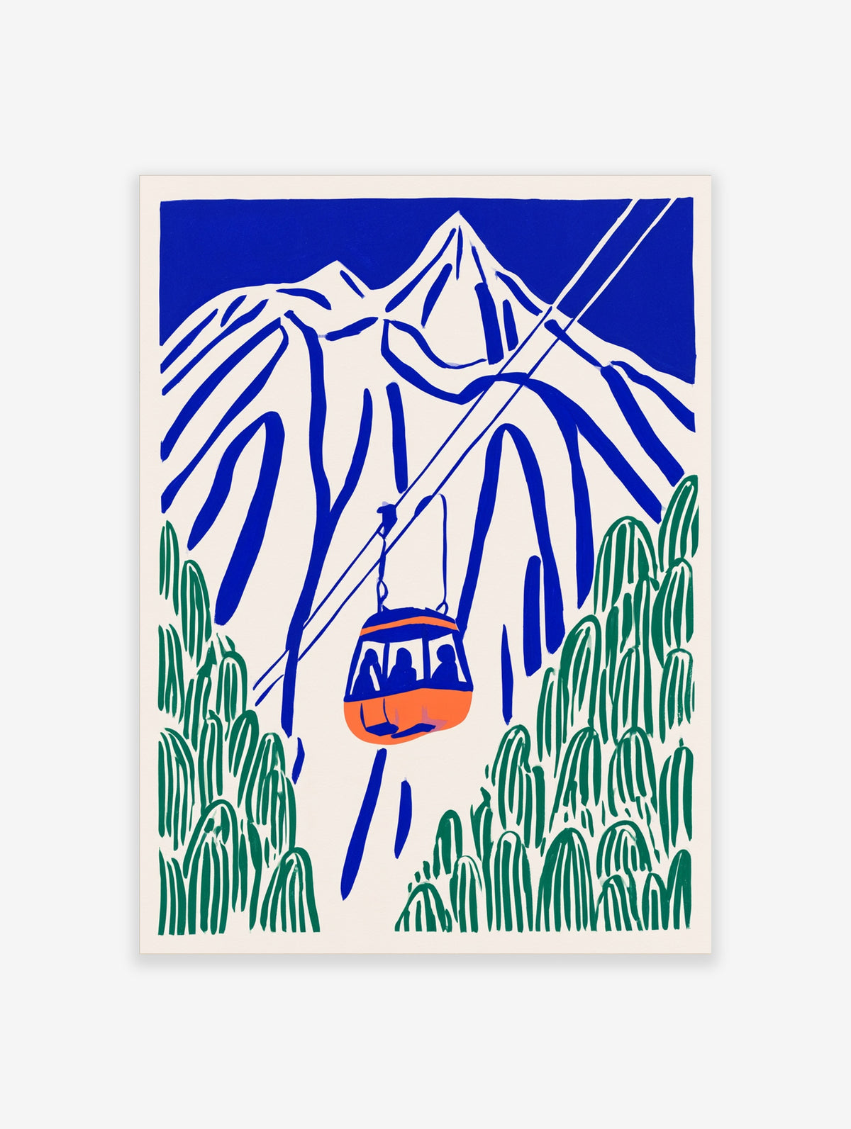 Blue mountain cable car poster with orange gondola and green pine trees, modern alpine ski wall art