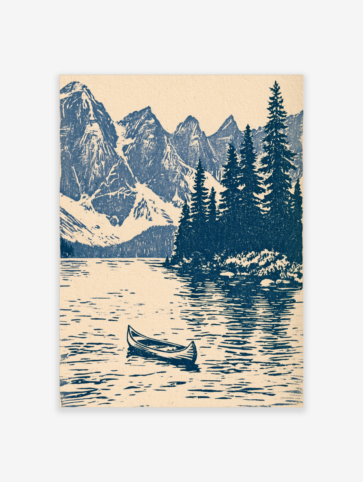 Blue mountain lake canoe art print with pine trees and rippled water on cream background