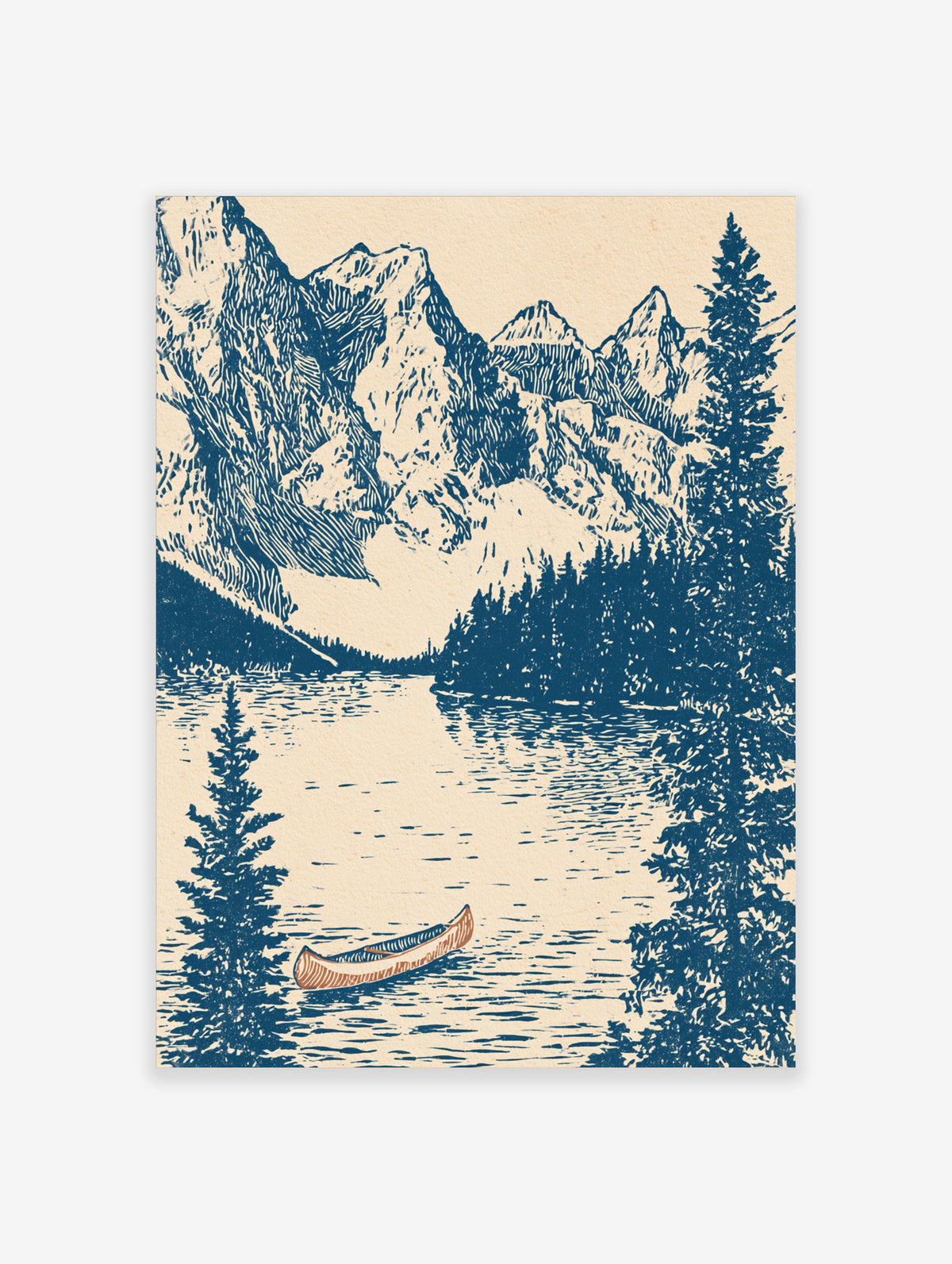 Blue mountain lake canoe poster with pine trees and alpine peaks on cream background