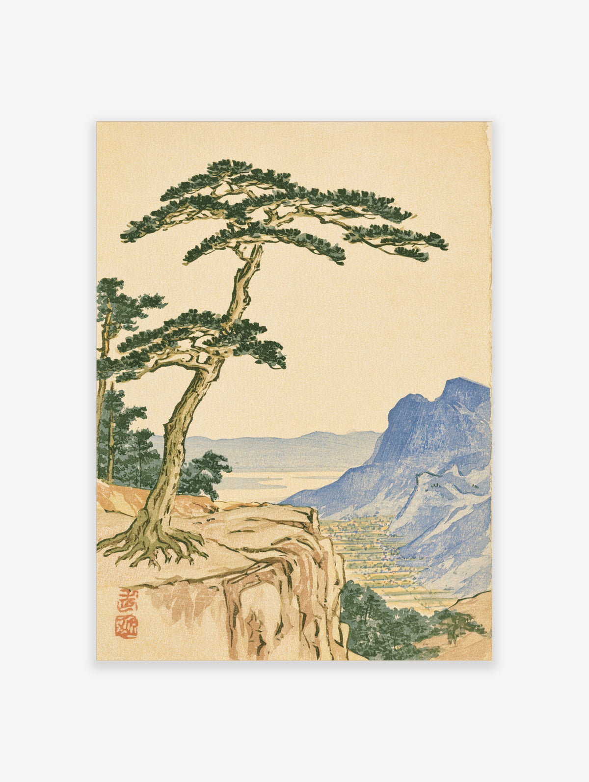 Japanese-style landscape poster with a gnarled pine tree on a cliff, blue mountain, and distant valley