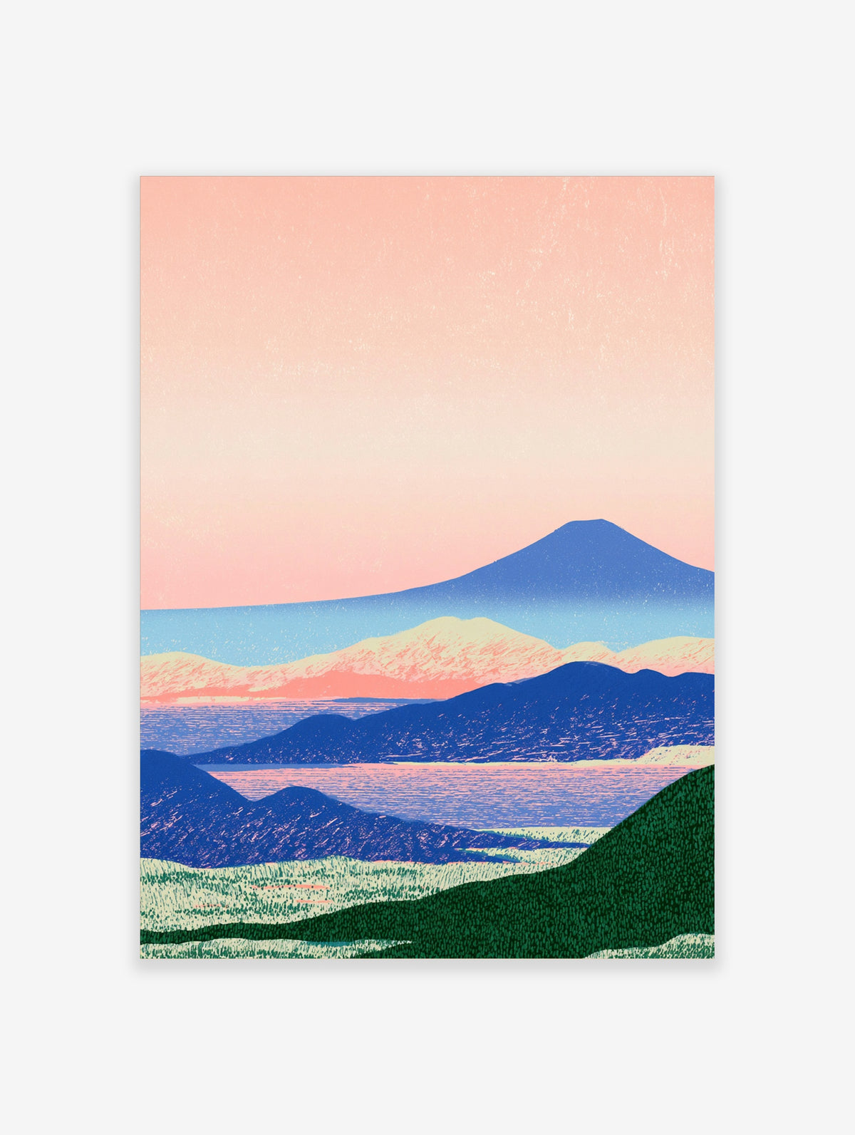 Blue mountain landscape poster with pastel pink sky, layered hills, and a calm lake