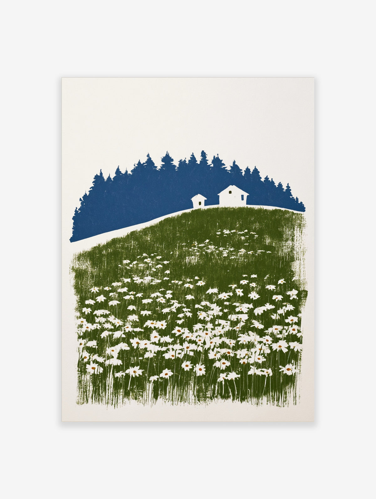 Blue mountain landscape poster with white daisy field, two cabins, and pine forest