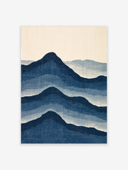 Japanese style mountain landscape art print with layered blue peaks on a cream background