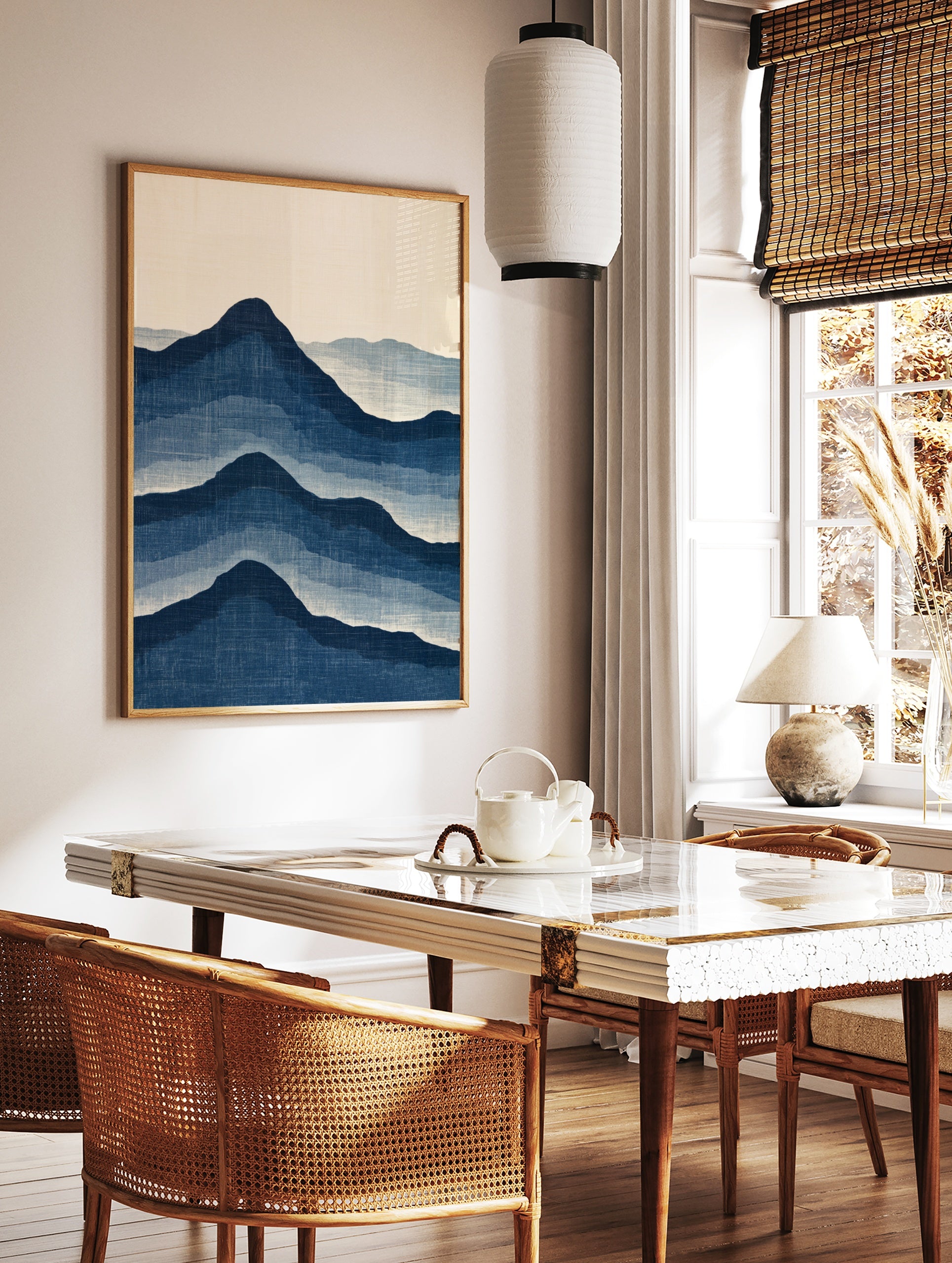 Japanese style mountain landscape art print with layered blue peaks on a cream background, in a styled room mockup
